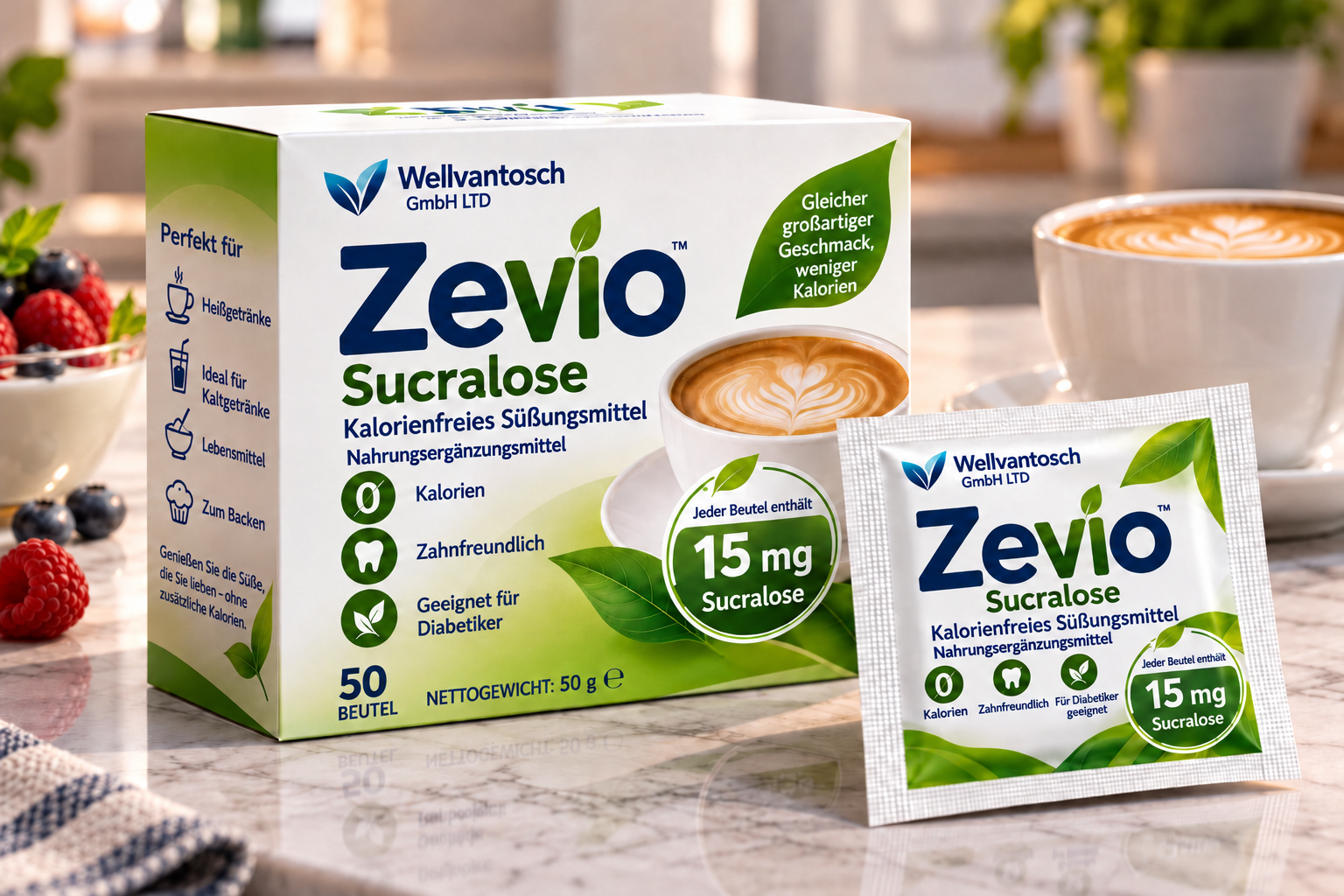 Zevio Sucralose box and sachet – Vorderseite
